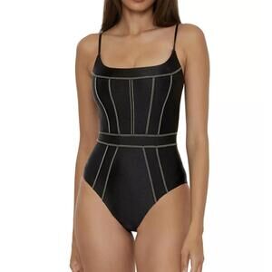 Becca Color Sheen Corset-Seamed One-Piece Swimsuit Black Size S NWT